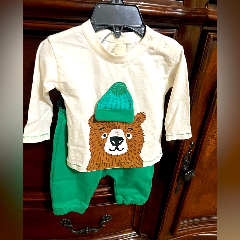 Tucker & Tate Bear Applique Graphic Green & Ivory Tee & Pants Set - Sz 3Mo. New